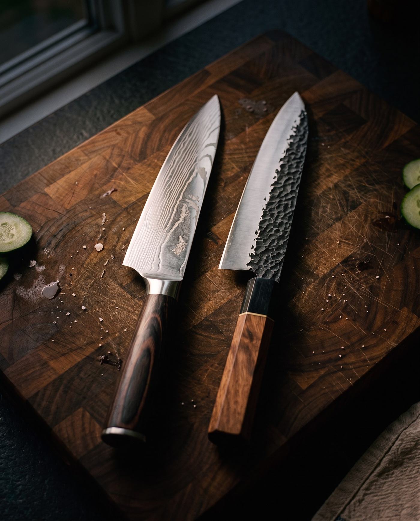Het Gyuto Koksmes 24 cm en het Gyuto Koksmes Tsuchime op een houten snijplank